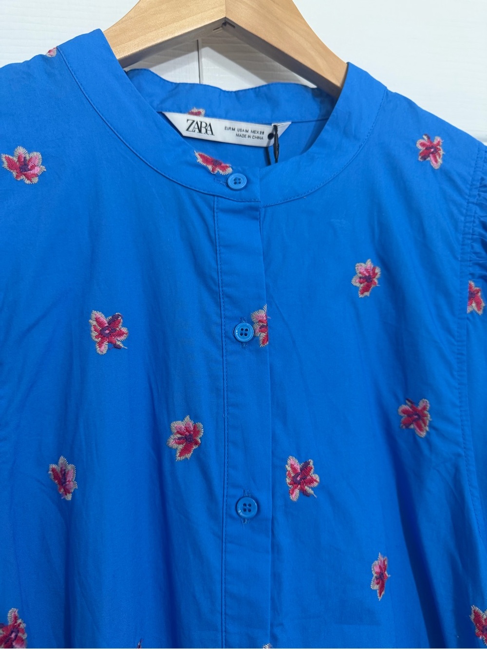 Zara Bright Blue Dress with Pink Floral Embroidery, Size M - Picture 3 of 7